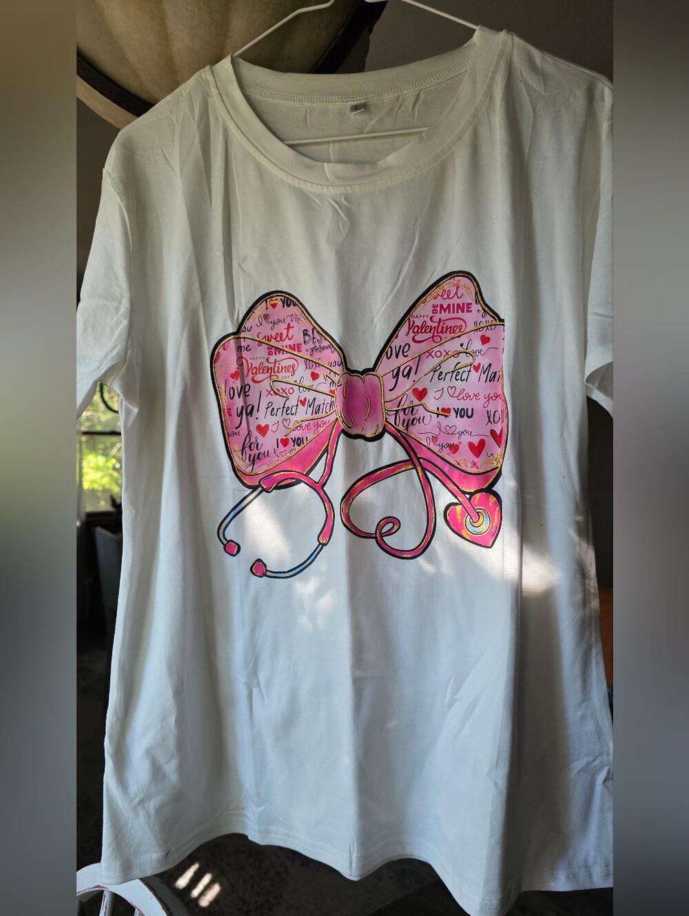 White Short Sleeve Tee with Nurse Pink Valentine Bow Graphic